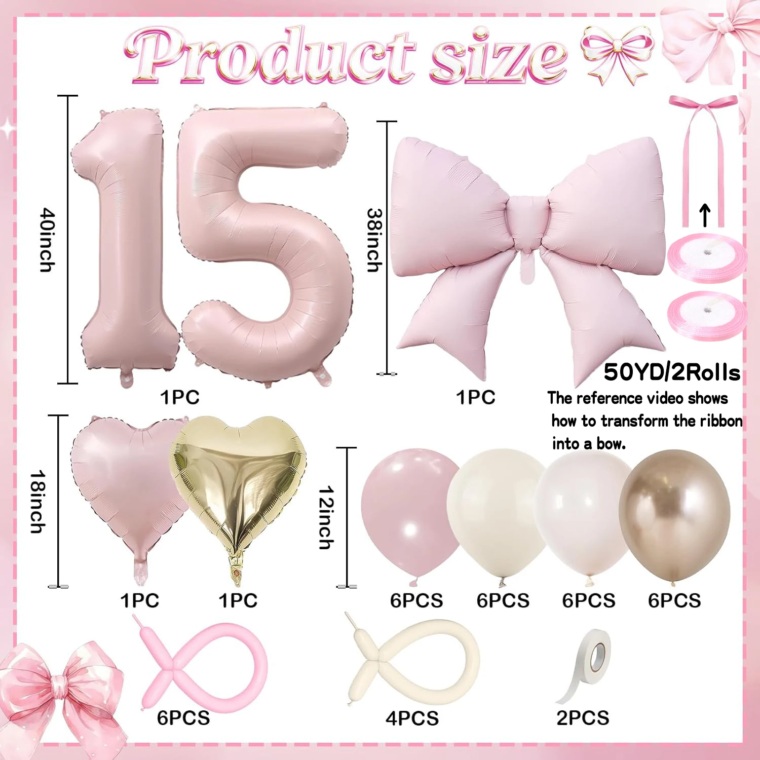 � Staubrosa Ballon Nummer 13/15/16/18/21 für Geburtstagsdekorationen - Retro Blush Pink Gold Creme Latex-Ballons mit Großer Schleife H – Detail 3