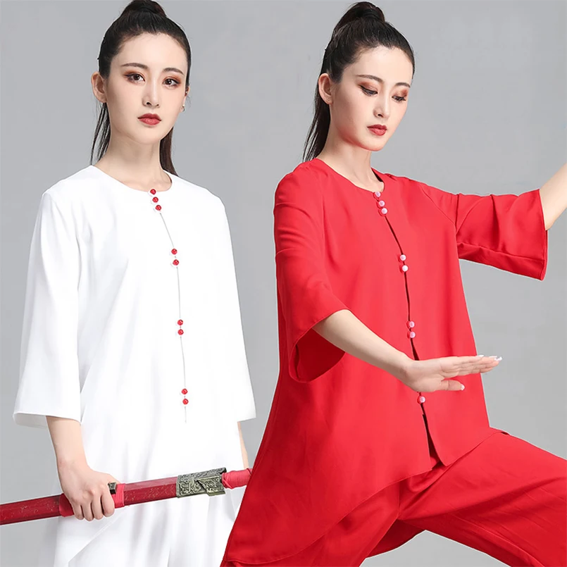 

Chinese Traditional Clothings for Women Tai Chi Clothing Summer Short Sleeve White Red Suit Kung Fu Tai Chi Uniform Hanfu Women