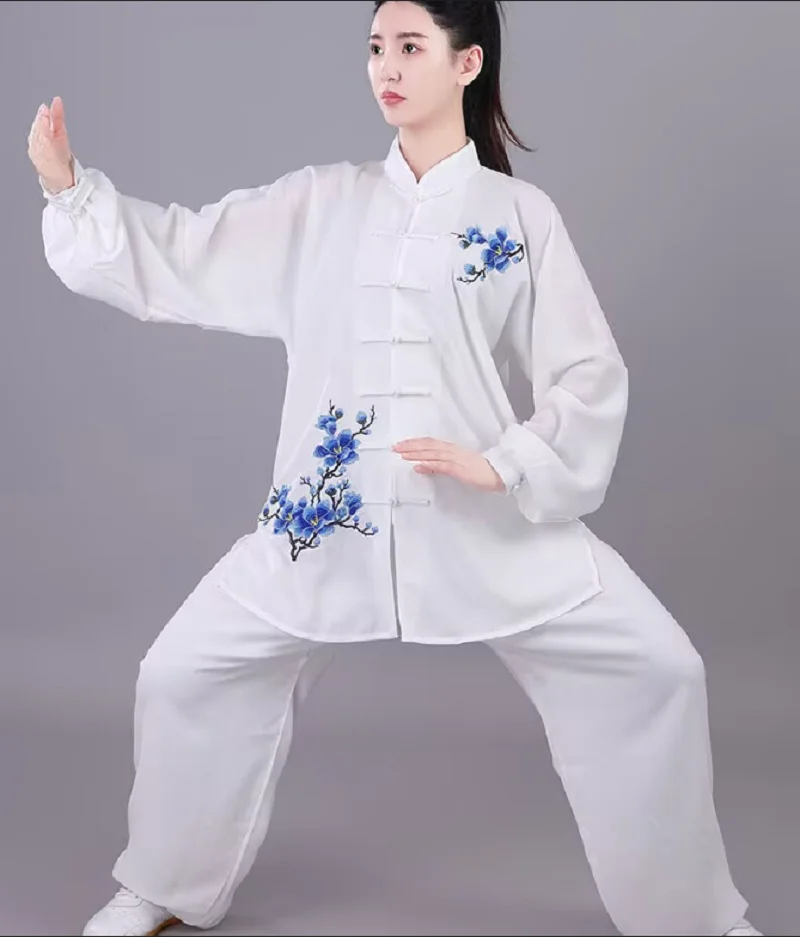 New Chinese Style Embroidery Flower Cotton Tai Chi Clothing Chinese Kung Fu Martial Arts Suit Fashion Sport Jacket Pants Sets