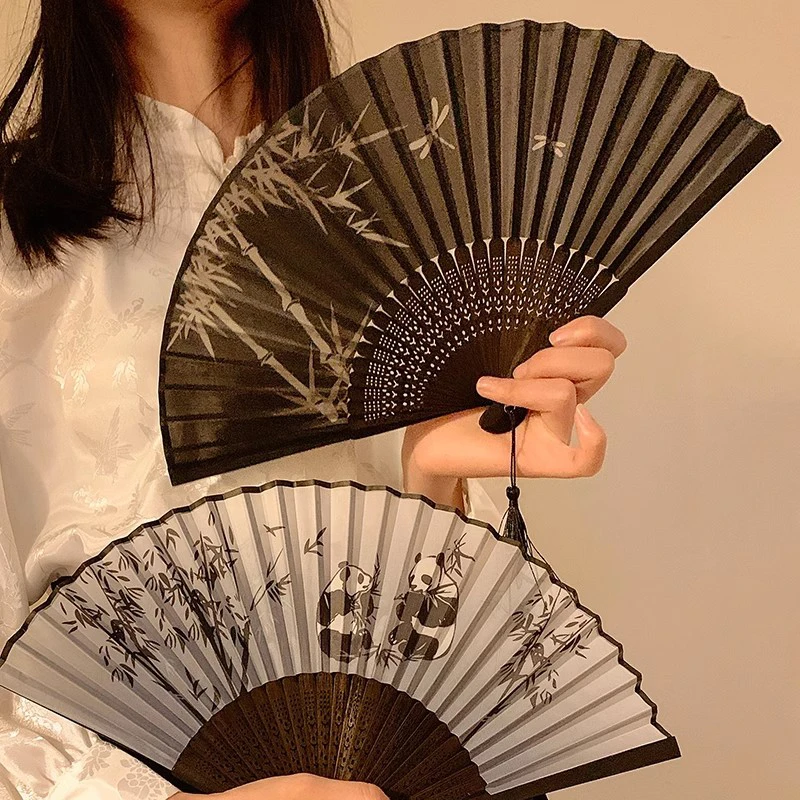 Bamboo Folding Fan with Tassels Retro Cloth Art Craft Fan Chinese Style Party Dancing Hand Fans Portable Decorative
