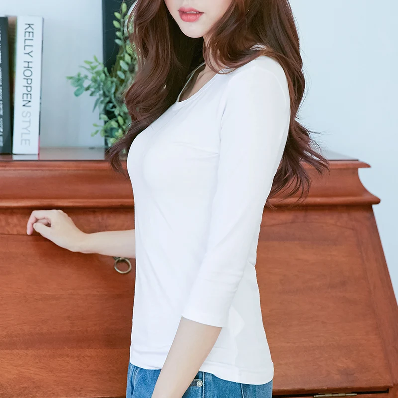 3/4 Sleeve T Shirt 96% Cotton & 4% Spandex Quality Women Spring Summer Top Slim Fit White Black O Neck Tees Casual Base Shirts 4