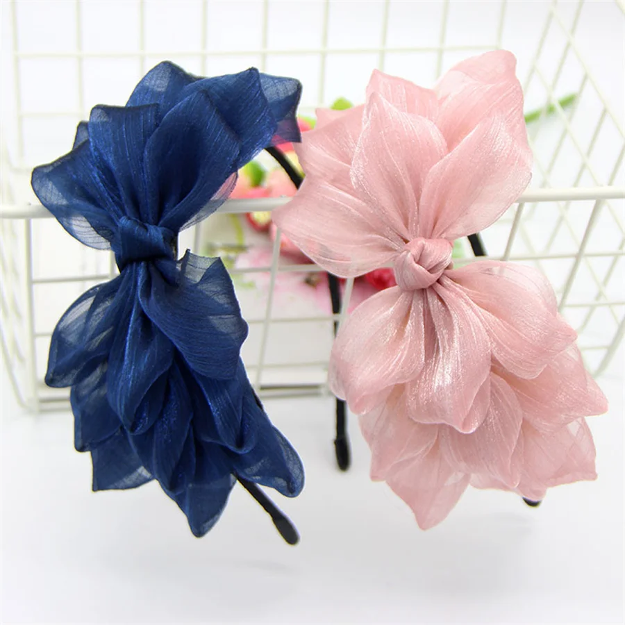 Fashion Retro Ribbon Big Bow Floral Shining Hair Band Women Hair Accessories Hair Hoop Black Pink Girls Flower Lace Bow Headband