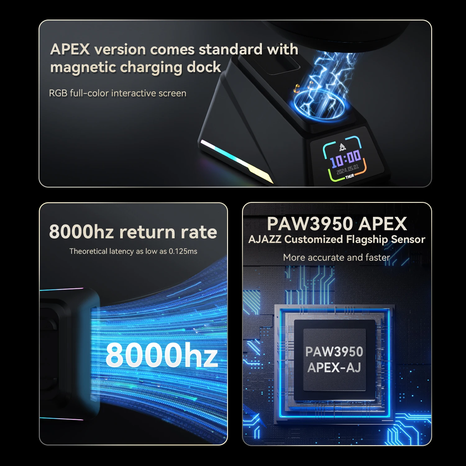 AJAZZ AJ179 APEX Gaming-Maus mit Farbbildschirm-Dock, magnetische Aufladung, 8000 Hz Hochfrequenz / Tri-Mode (PAW3950) rechtshändig – Detail 3