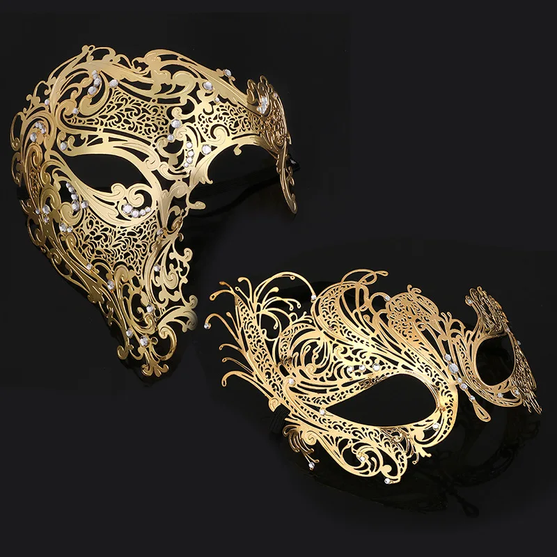Black Gold Skull Metal Mask Halloween Rhinestone Half Face Venetian Masquerade Men White Women Skull Filigree Party Mask