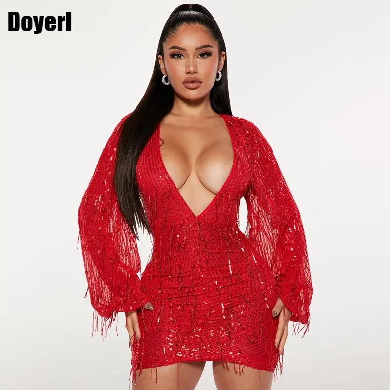 

Red Sequin Tassel Dress for Women Fringed Party Elegant Sparkly Deep V Neck Lantern Long Sleeve Bodycon Mini Dress Evening Club
