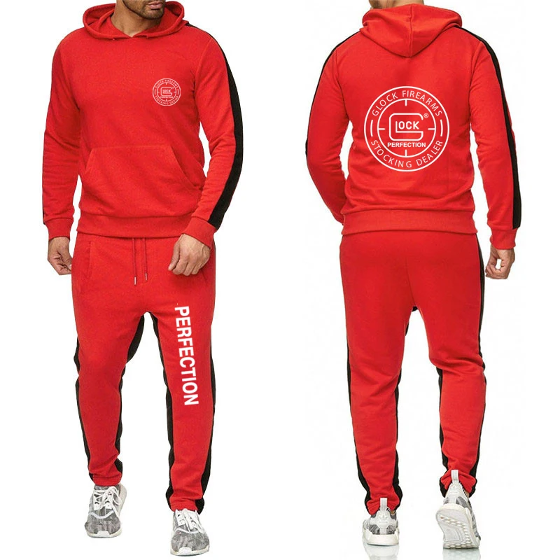 Glock perfect shooting new men's spring and autumn solid color suit fashion hooded trousers sports suit