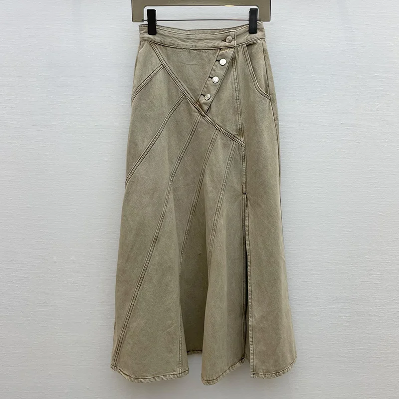 

Women Vintage Denim Long Skirt 2023 Autumn Sexy Split Single Breasted A-line Big Swing Umbrella Skirt Comfort Cotton Streetwear