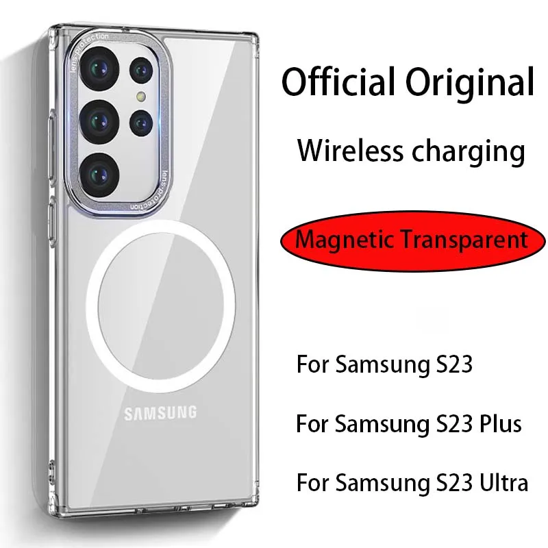 

Роскошный оригинальный магнитный чехол для Samsung Galaxy S23 Plus Ultra с беспроводной зарядкой и металлическими линзами прозрачный противоударный чехол