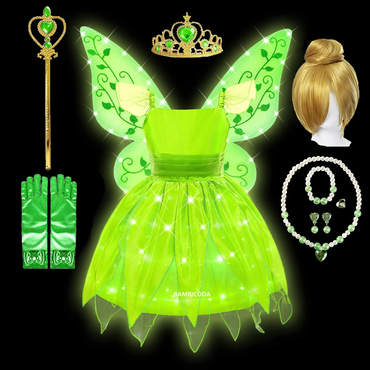 Tiana Dress Princess Ball Gown Girls Led Light Dress Up Halloween Princess And Frog Fairy Green Children Birthday Party Dress