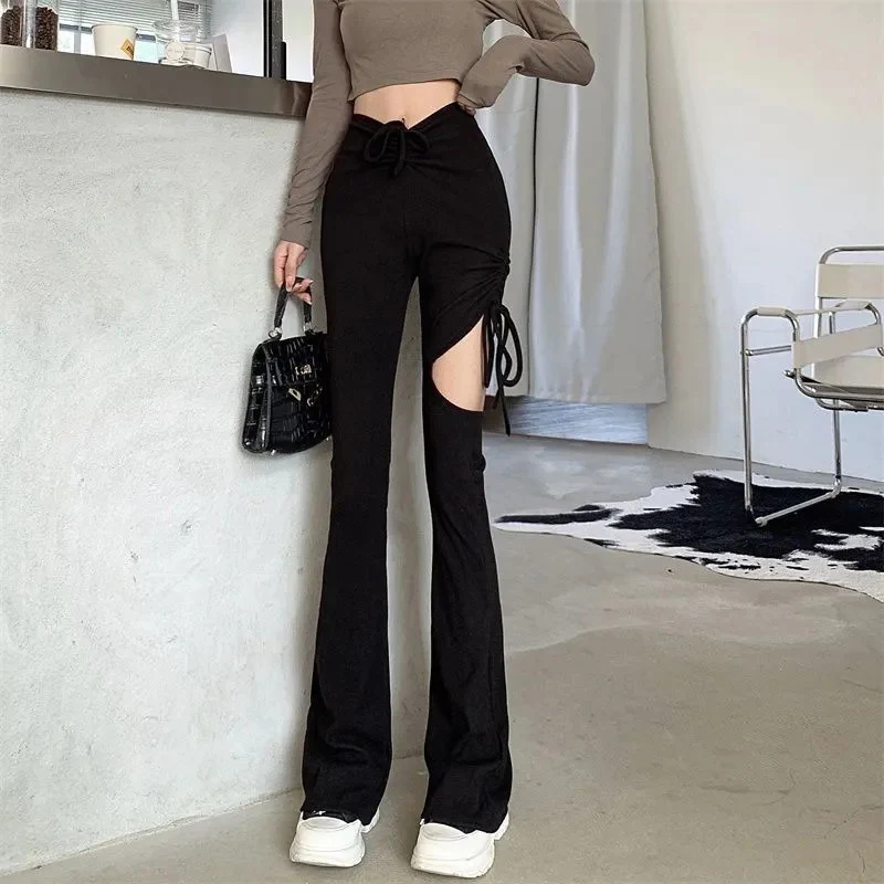 

Women High Waist Hollow Out Pants Korean Lace Up Drawstring Flare Pants Y2K Spring Fashion Casual Female Bodycon Trousers New