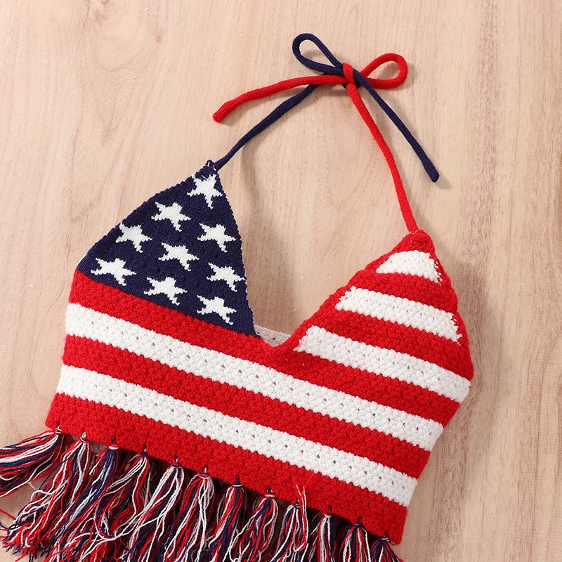 

Toddler Girls Fourth of July Outfit Kids American Flag Halter Vest Top Ruffle Jeans Denim Shorts Set