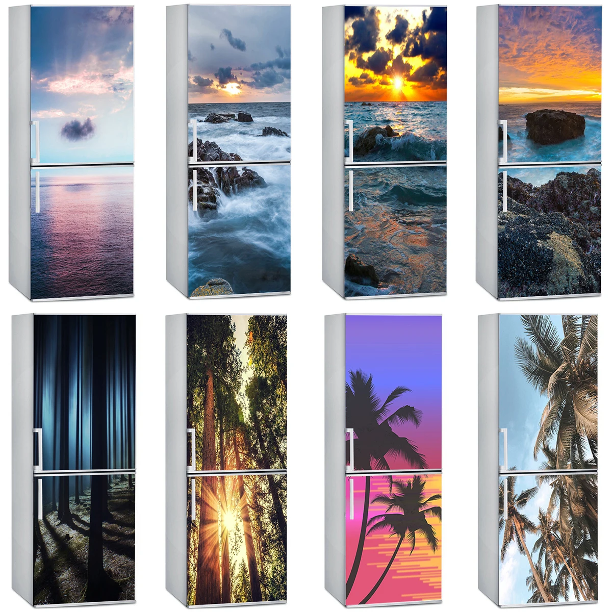 

Seaside Sunset Tree Refrigerator Wallpaper 3D Stereoscopic Fridge Stickers Door Decoration Poster Vinyl Waterproof Wall Painting