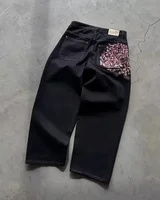 Jean Vintage taille basse Hip Hop brodé de fleurs de cerisier, pantalon à jambes larges, vêtements Y2K pour hommes et femmes, Baggy brodé 1