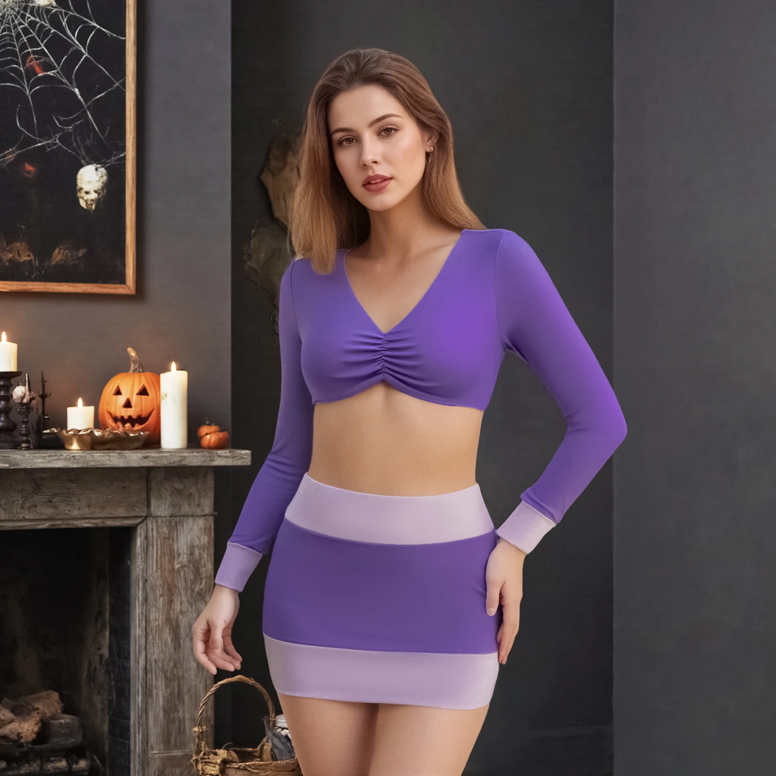 2026Fashion Halloween Velma and Daphne Costume Women Long Sleeve V Neck Crop Top Mini Skirt with Stockings/Scarf Cosplay Outfits