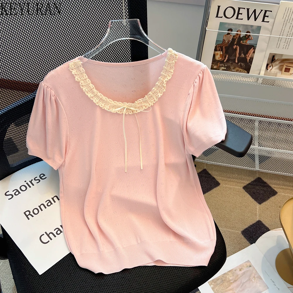 

Новинка лета 2024, кружевной свитер с коротким рукавом, женские вязаные футболки, милый приталенный пуловер в Корейском стиле с круглым вырезом, трикотажные топы, женские футболки