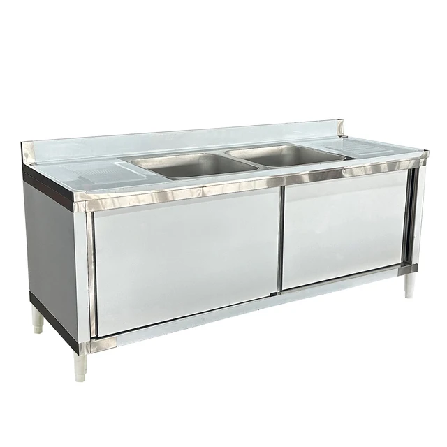 ตู้เก็บของสแตนเลสลดราคาพิเศษ พร้อมอ่างล้างจานสองอ่างและแผ่นกันน้ำกระเด็น พร้อมบานเลื่อน 1