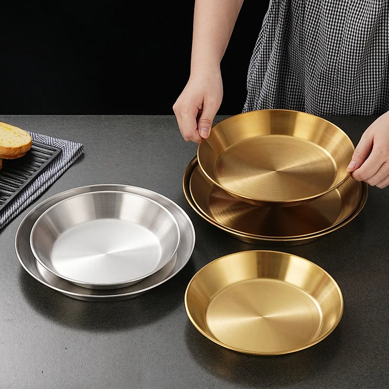 Korean Luxury Stainless Steel Round Plate Golden Flat-bottomed Storage Tray Thickened Fruit Cake Steak Snack Dishes 3