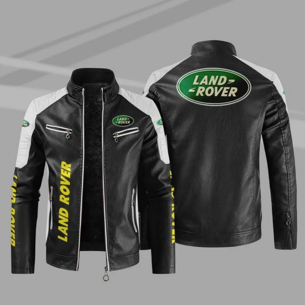 Land Rover motorcycle warm plus velvet pu leather jacket contrast color fashion men's PU windproof leather jacket 2