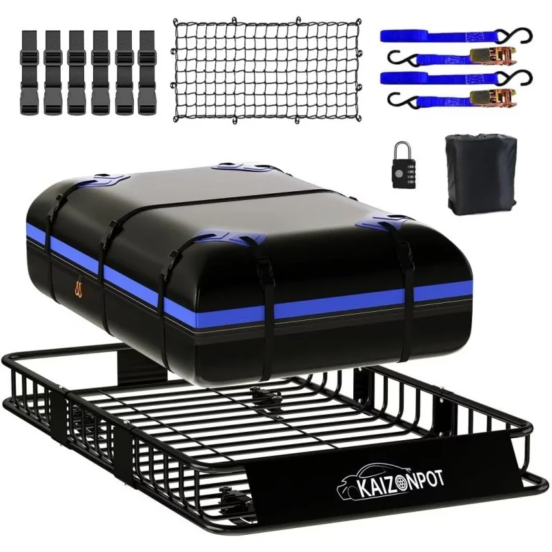 

KAIZONPOT 64"x 39"x 6" Roof Basket with 15 Cu.Ft. Waterproof Bag, 250LB Heavy Duty Roof Rack Cargo Basket, Universal Rooftop