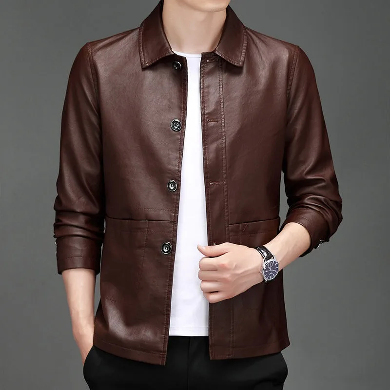 2023 New Men Winter Faux Leather Clothing Thin Short Loose Overcoat Plus Fleece Thick Warm Jacket Large Size Fashion Outwear