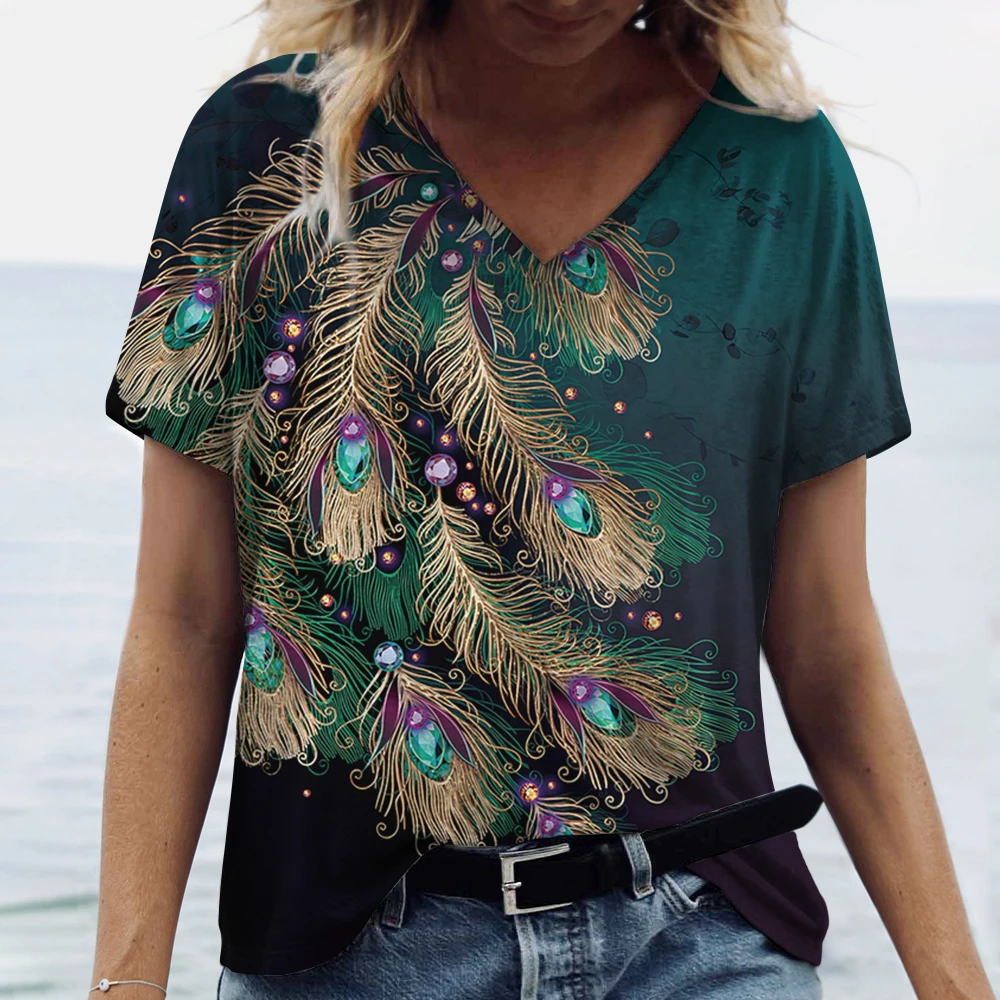 

Summer V Neck Women T-Shirts Peacock Feather Graphic Fashion Short Sleeve Harajuku Y2k Top Oversized Casual Female T Shirt