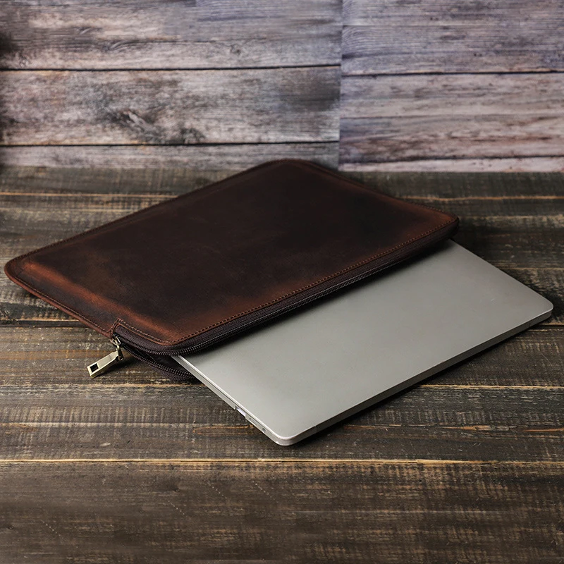 Crazy Horse Leather Laptop Sleeve Case com Zíper Macbook Pro Macbook Air 14.2 Polegada