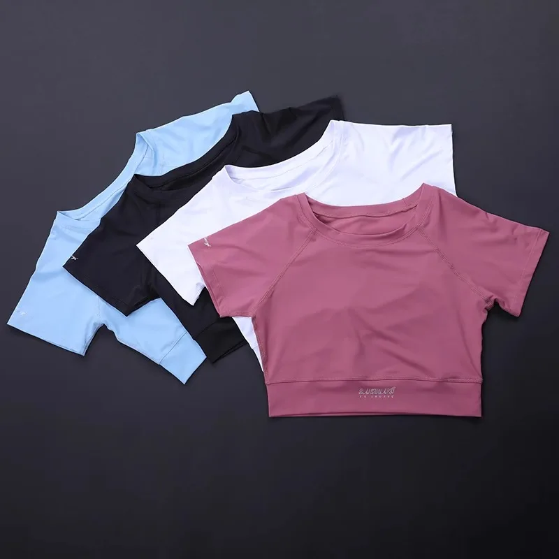 Trendiges Fitness-Crop-Top für Damen – tailliertes, atmungsaktives, kurzärmliges, schnell trocknendes Yoga-Laufshirt, Sommer-Workout-Sport-T-Shirt