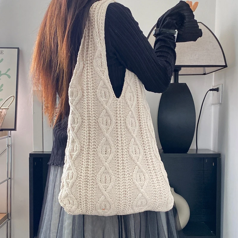 Women Crochet Shoulder Bag Large Capacity Solid Color Crochet Tote Bag Multifunctional Knitted Shopping Bag Casual Commuting Bag