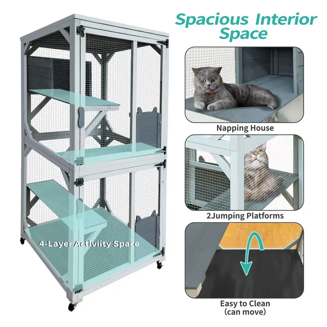 30.7" Wooden Outdoor Cat Enclosure, Luxury Cat House with Napping House Large Kitty Condo Cage Shelter with Sliding Doors