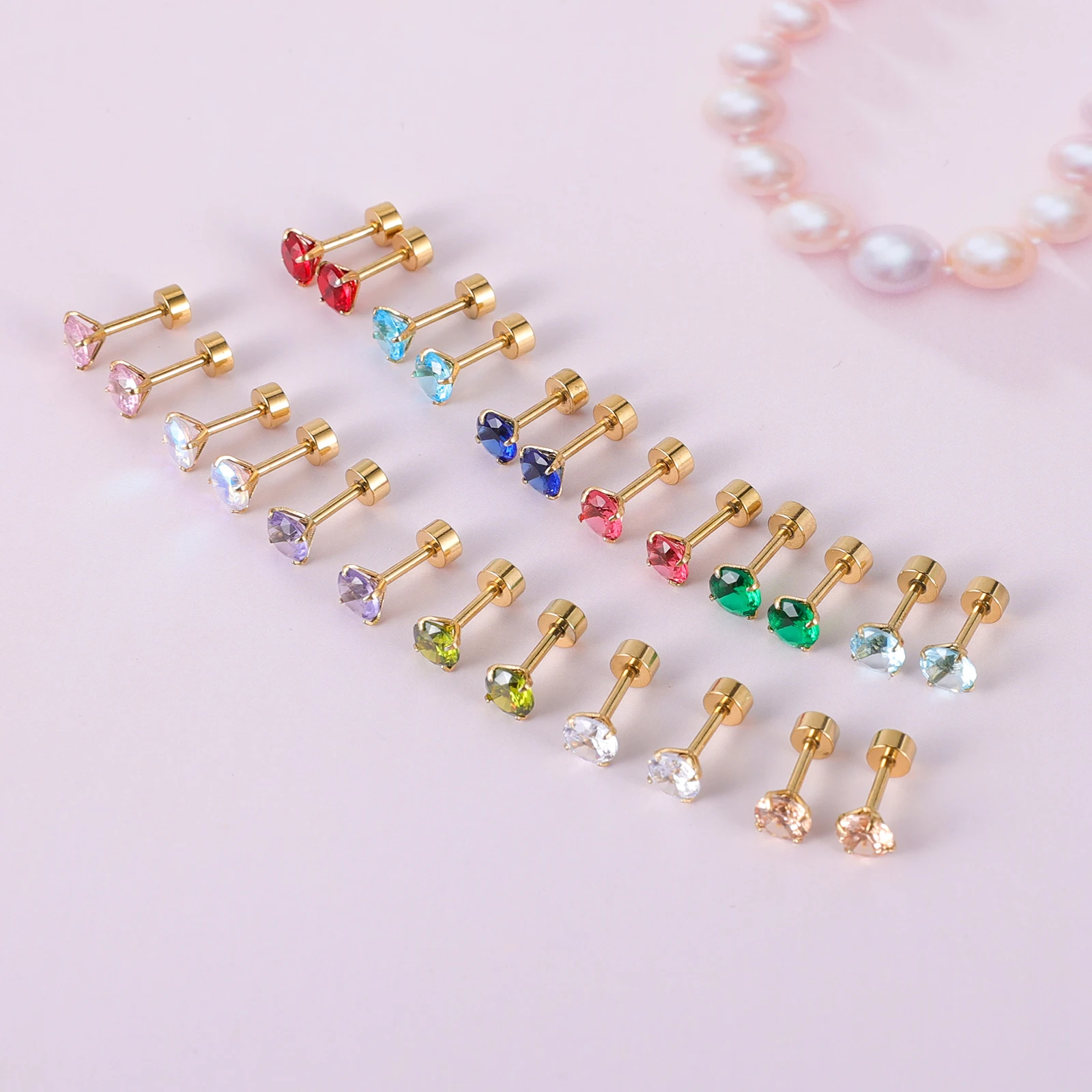 12 Pairs Cartilage Helix Surgical Stainless Steel Stud Earrings,Flat Back Screw Round CZ Brithstone Earrings Set for Women Girl