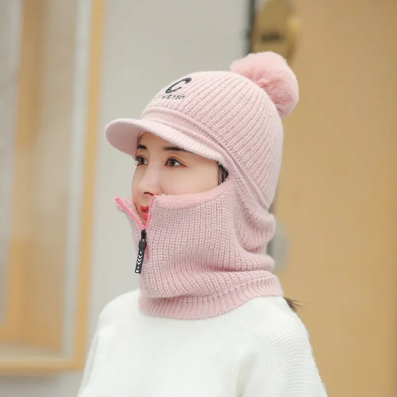 Letters C Knitted Beanie Scarf Set For Woman Girl Curved Brim Autumn Winter Hat Zipper Pompoms Cycling Ski Hunting Hat 6