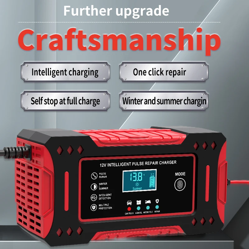Intelligent 12V Battery Charger with LCD Display for Car and Motorcycle Maintenance