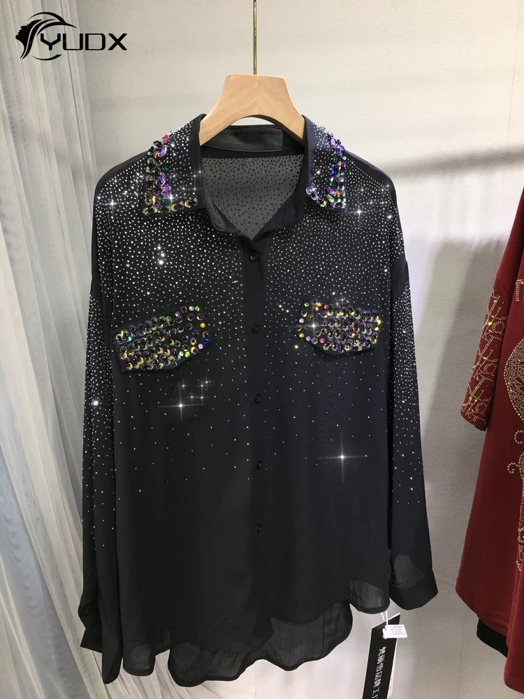 YUDX Shiny Full Diamonds Long Sleeve Cardigans Sunscreen Shirt New Spring Summer Beads Sequins Loose Women Chiffon Top Black