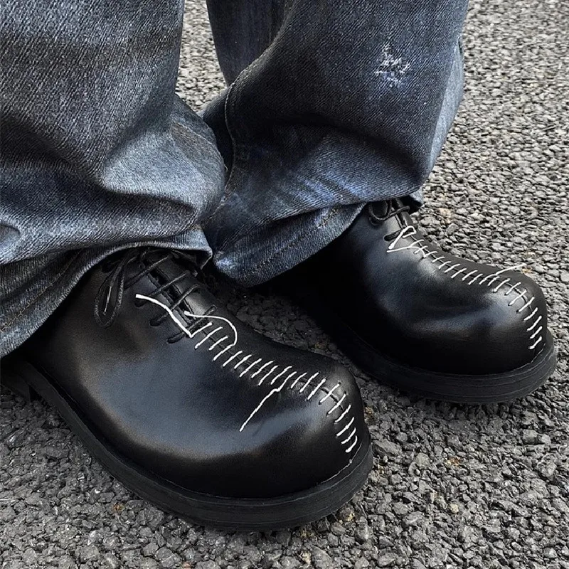 נעלי אופנה ידניות לגברים בסגנון קז'ואל, עיצוב מתפר ביד, נעלי דרבי עם סוליית עור עבה וקצה עגול גדול