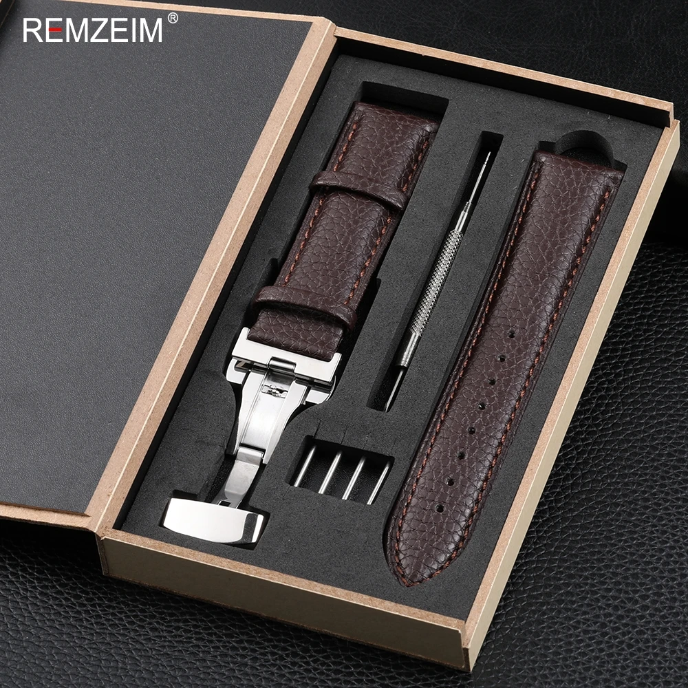 Elegant Litchi Leather Wrist Band with Butterfly Buckle & Gift Box Packaging