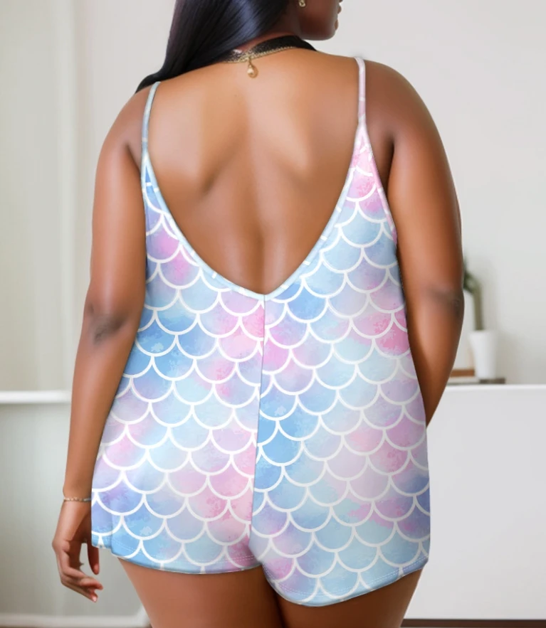 Women's Summer Fashion Casual Versatile Sexy Low Neck Large Size Women's Wear Hanging Straps Printed Pajama Jumpsuit
