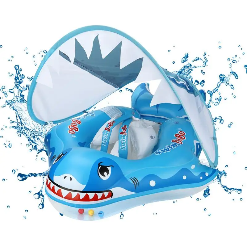 

Sunshade Baby Swimming Ring Inflatable Baby Swim Float With Removable Sun Protection Canopy Sharks Shape Infant Pool Float For