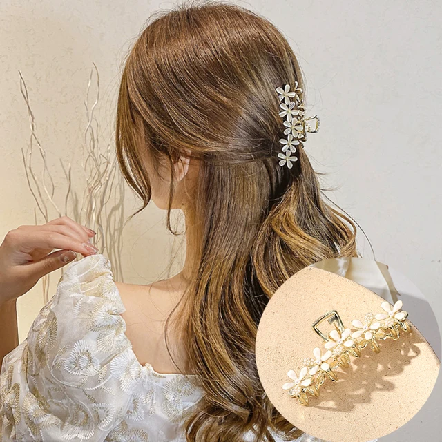 AWAYTR Rhinestone Metal Hair Claw Crab Clip For Women Girls Shiny Barrette Hairpin Crystal Pearl Hair Accessories Jewelry Gift CB0878B 8cm