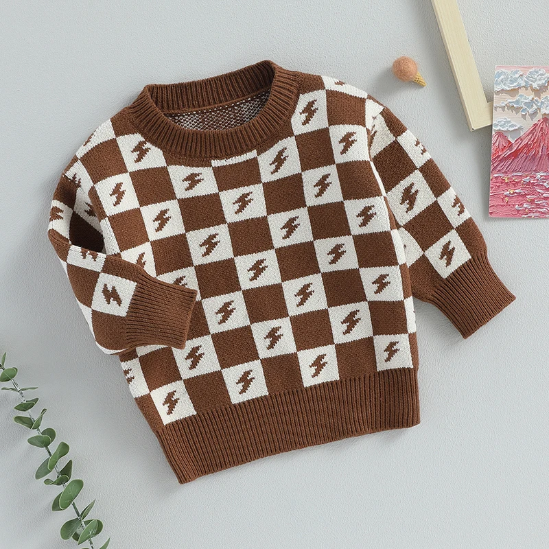 

Toddler Baby Knitted Sweater Plaid Print Casual Warm Long Sleeve Pullovers Top Infant Knitwear for Fall Winter