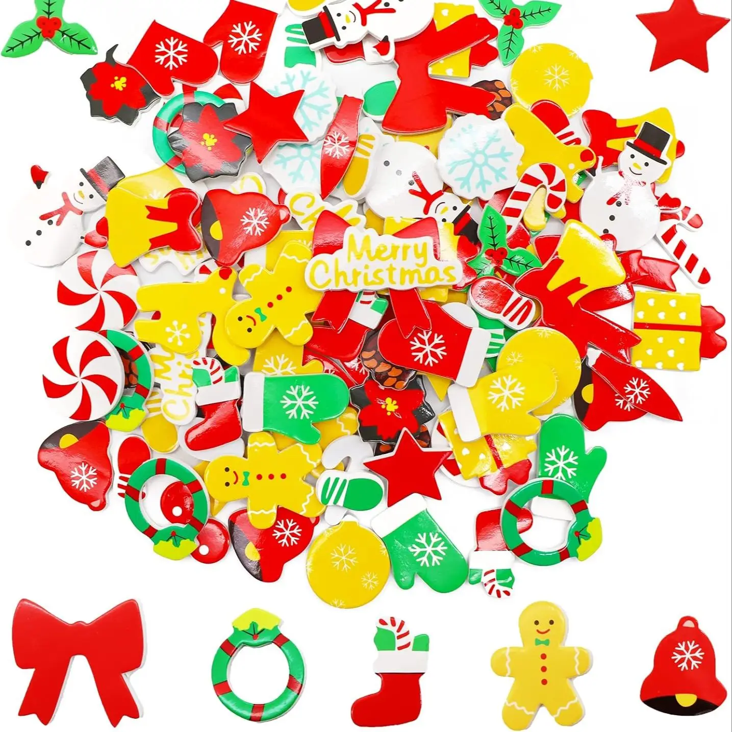 

1bag/LOT,New printed christmas foam stickers Santa snowman Socks bells gifts Noel shape Xmas holiday decoration tree ornament
