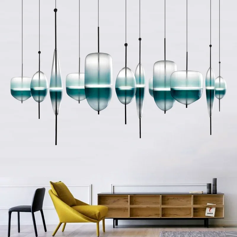 

Nordic Fashion LED Pendant Light Postmodern Restaurant Hanging Lamp Exhibition Hall Sample Blue Gradient Glass Lighting Fixtures