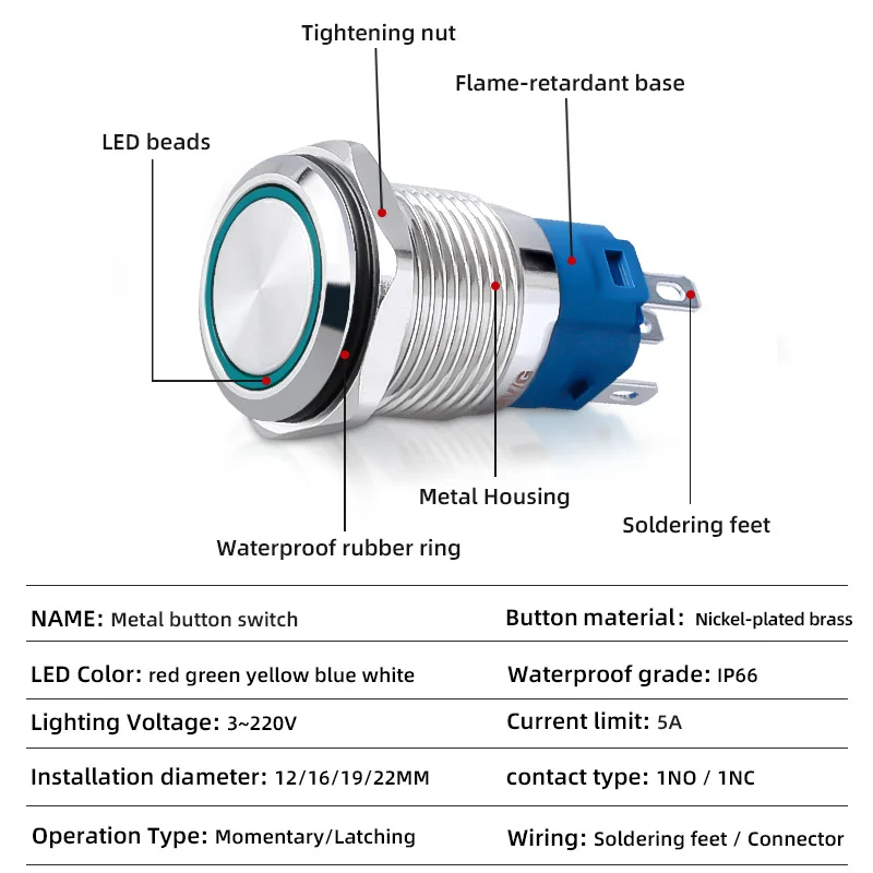 Metal switch button push with wire waterproof 12mm-22mm momentary/latching Led light start stop 5V-220V