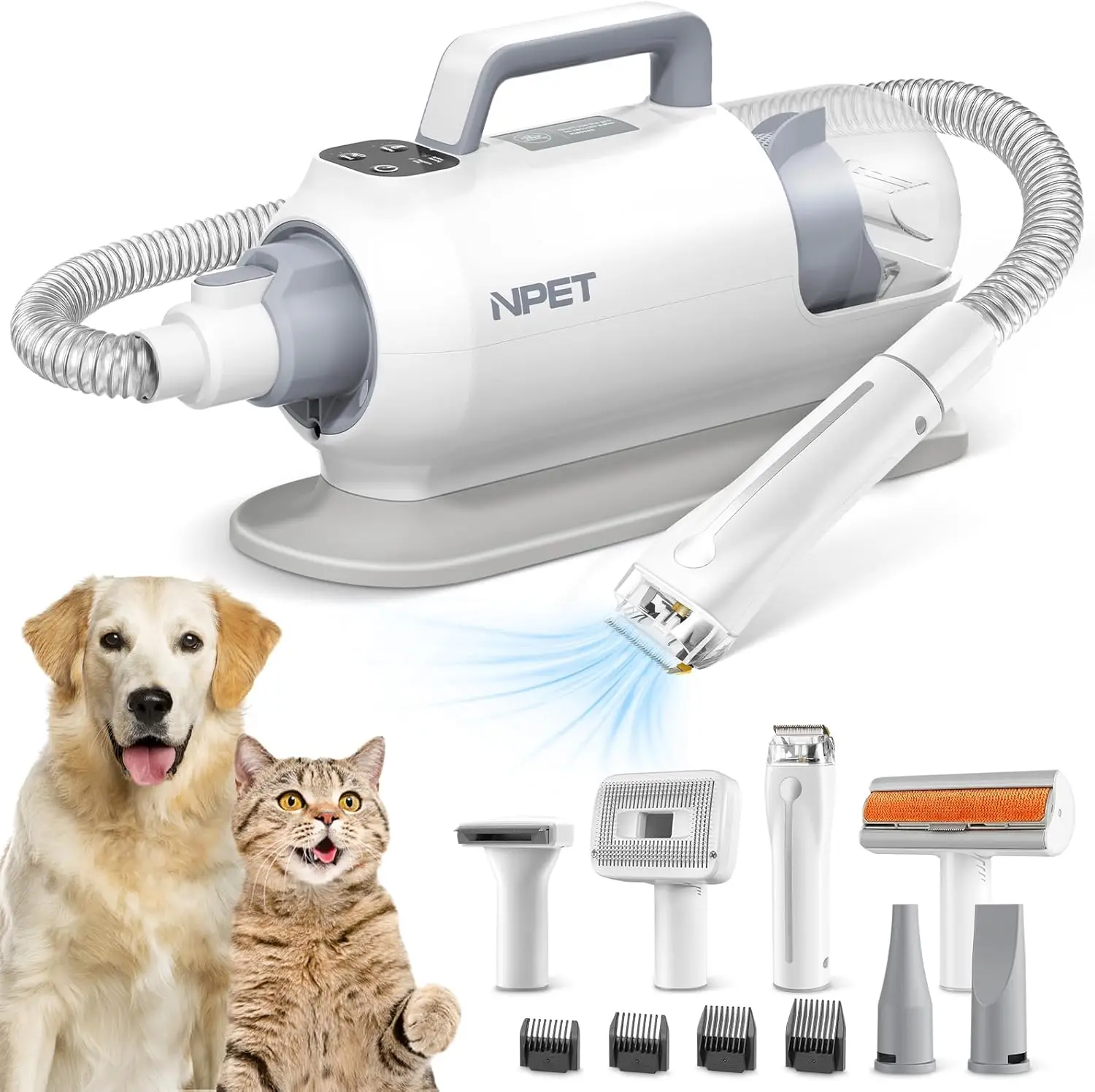 NPET Dog Grooming Kit 6 Grooming Tools Pet Hair Vacuum Suction & Dryer 2 in 1 For Shedding Dogs Cats