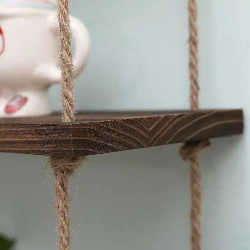 Wooden Wall Shelf Decoration Wall Mounted Shelves for Bedroom Plant Flower Wood Swing Hanging Rope Home Decoration Wall Shelf images - 6