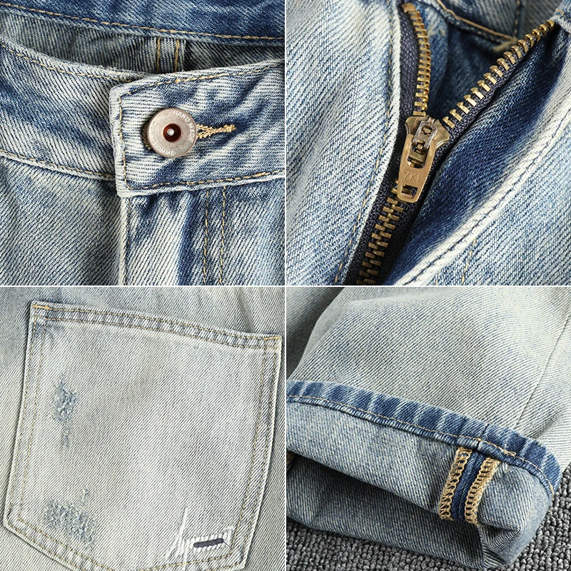 Heavy craft wash cat must do old jeans men spring loose straight leg American retro trend embroidered pants