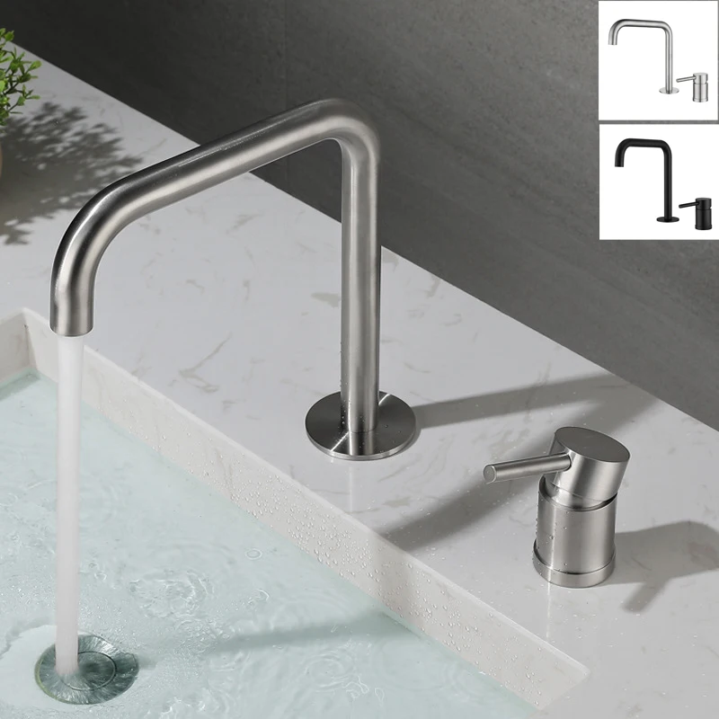 

Bathroom Basin Faucet Deck Mount Hot and Cold Water Mixer Tap 304 Stainless Steel Brushed Wash Tub Fauctes