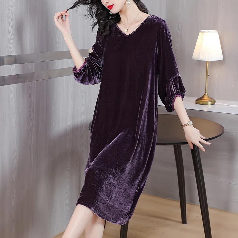 

2023 New Fashion Velvet Dress Women's Autumn Solid Silk Knee Length Dress Korean Loose Tight Casual Party Vestidos