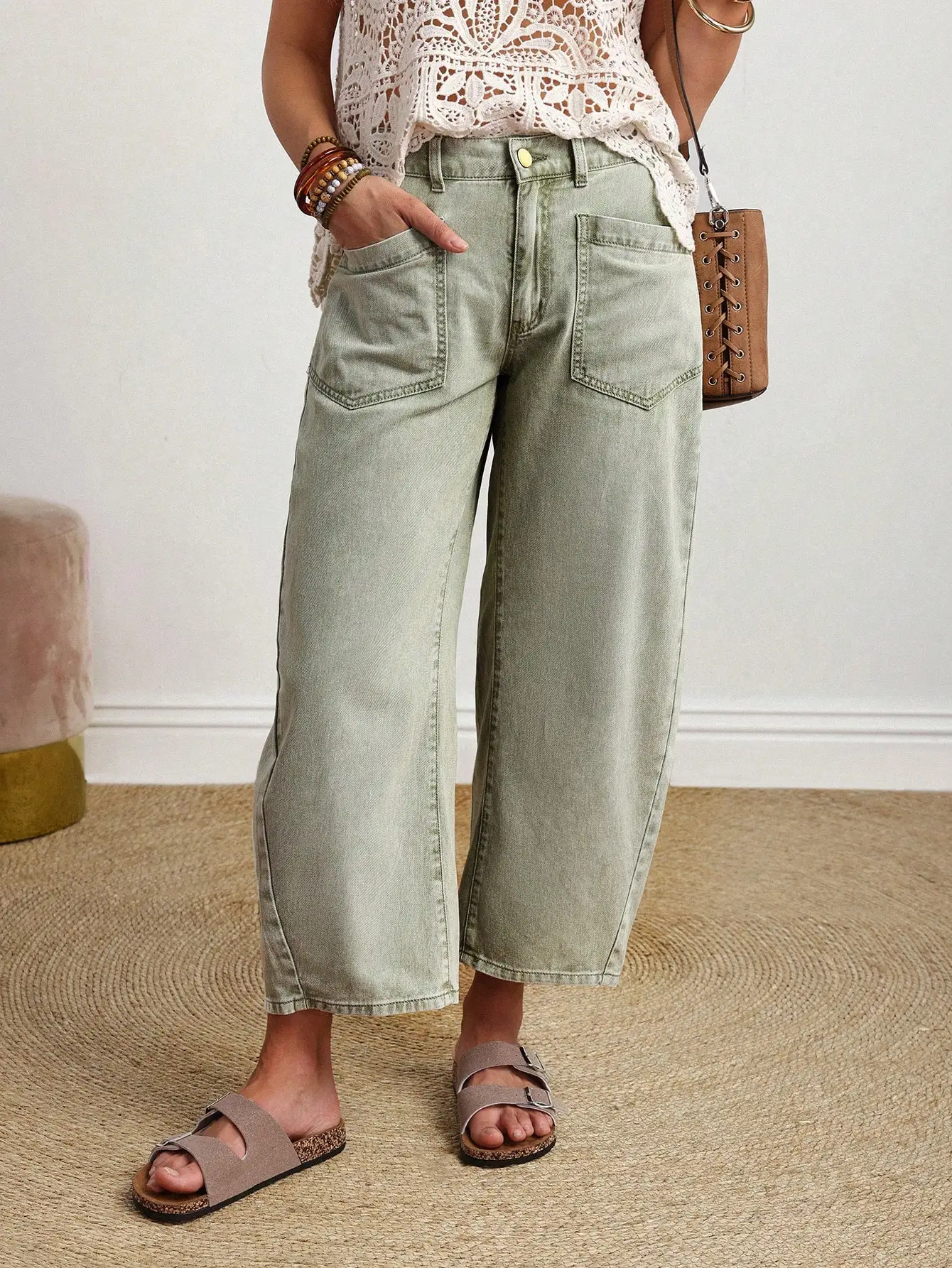 Light Green Distressed Wide Leg Cropped Jeans