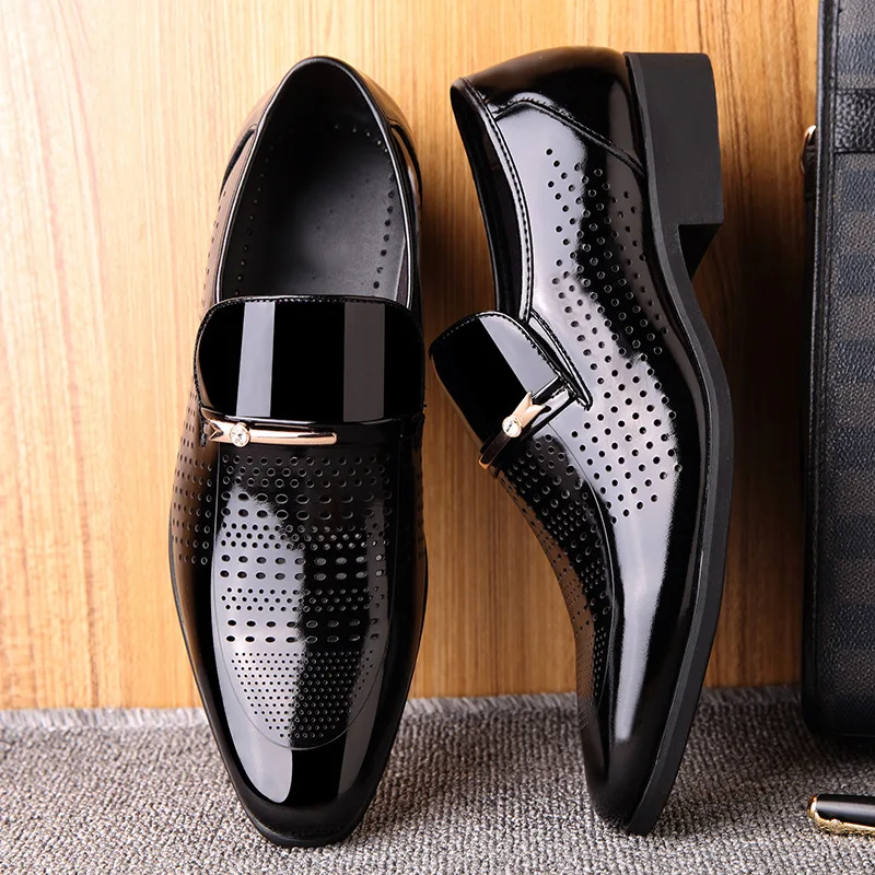 Spring & Summer Men Dress Shoes Slip-On Patent Leather Shoes Business Formal Casual How-Out Size 38-44