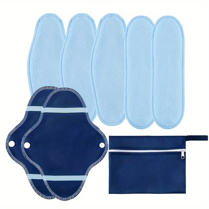 Ultra Absorbent Reusable Sanitary Pads Set - Eco-Friendly Washable Pads with Storage Bag, 8pcs in Blue Polar Fleece
